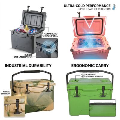Caja de enfriador con ruedas de 80L de molde rotativo Cuadro de hielo de trabajo pesado Cuadro de retención de hielo largo Mango de remolque Pesca